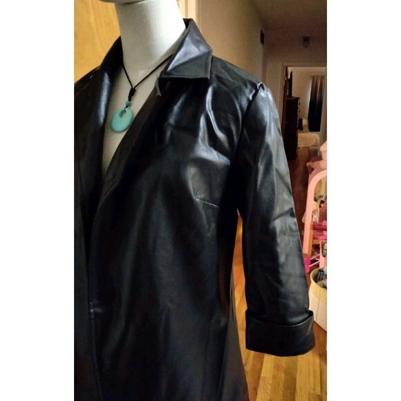 Women's SM Open Long Trench Pea Coat BLK Faux Leather JKT Lightweight Lined NEW - Picture 16 of 16
